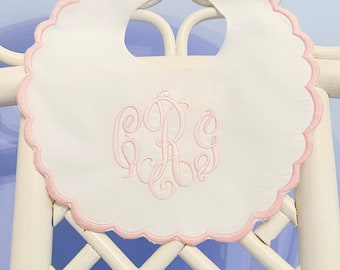 Personalized, Monogrammed, Embroidered, Baby, Baptism, Birth, Christening, Heirloom, Scalloped Pink, Blue, Lavender, Green, Gray, Bib, Gift