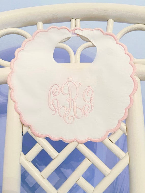 Personalized, Monogrammed, Embroidered, Baby, Baptism, Birth, Christening, Heirloom, Scalloped Pink, Blue, Lavender, Green, Gray, Bib, Gift