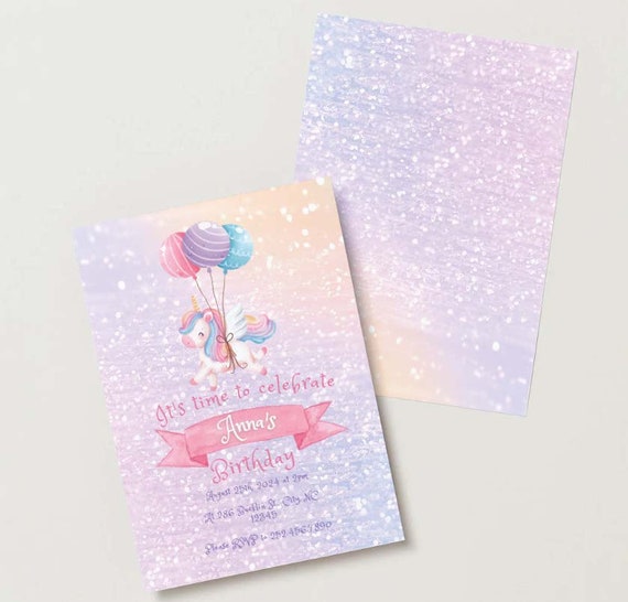 Magical Unicorn and Balloons Invites, Printable Unicorn Birthday Invitations, Editable Unicorn Party Invitations, DIY Girl Party Invitations