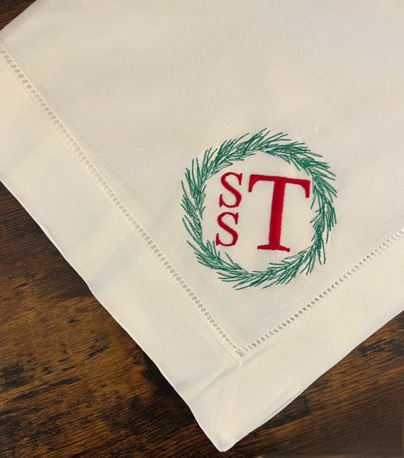 Personalized, Monogrammed, Embroidered, Classic Hemstitch Dinner Napkins, Christmas, Fraser, Holiday, Wreath, 20 x 20, Set of 4, 6, 12