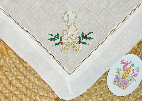 Embroidered Monogrammed Holly Berry Table Napkins, Classic Hemstitch Linen Christmas Napkins, Set of Dinner Party Napkins, Holiday Linens