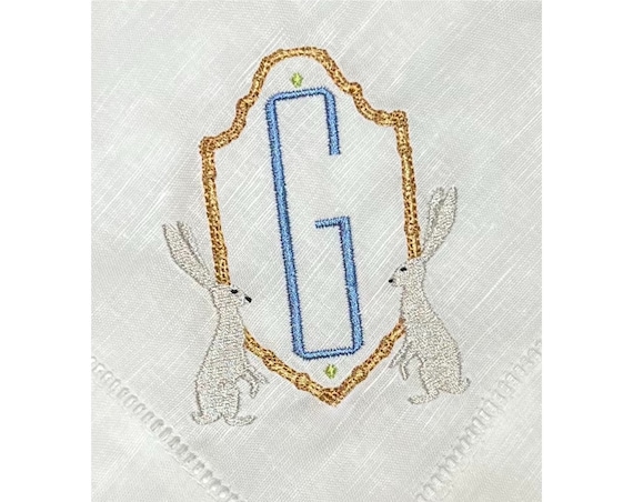 Embroidered Monogrammed Bunny Rabbit Napkins, Spring Table Napkins, Classic Hemstitch Linen Napkins, Set of Dinner Party Napkins, 20 x 20