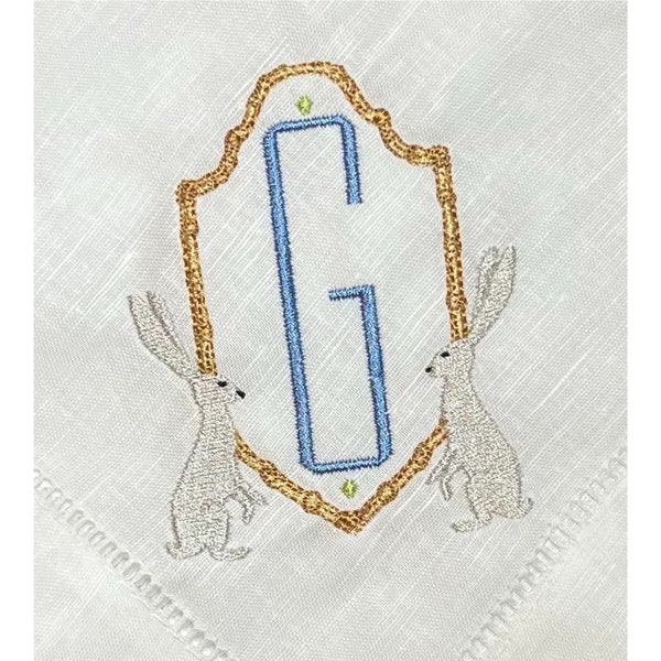 Embroidered Monogrammed Bunny Rabbit Napkins, Spring Table Napkins, Classic Hemstitch Linen Napkins, Set of Dinner Party Napkins, 20 x 20