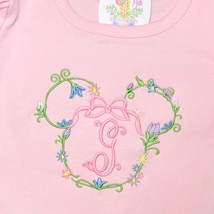 Floral Monogrammed Mouse Head Short Sleeve Shirt, Toddler Mouse Shirt, Embroidered, Personalized Mouse Top, Dream Mouse Ears Gift