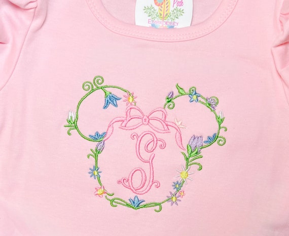 Floral Monogrammed Mouse Head Short Sleeve Shirt, Toddler Mouse Shirt, Embroidered, Personalized Mouse Top, Dream Mouse Ears Gift