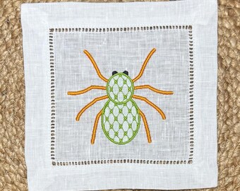 Embroidered Spider Linen Cocktail Napkin: Halloween Party Decor