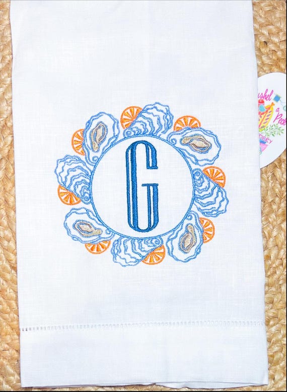 Monogrammed Hemstitch Oyster Frame Linen Guest Hand Towel, Embroidered Oyster Tea Towel, Beach Housewarming Gift, Oyster Hostess Party Towel