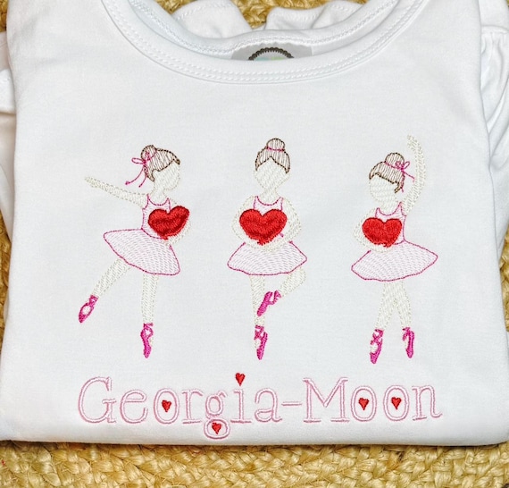 Personalized Ballerina Valentine Shirt for Girls | Embroidered Heart Ballerinas | Girls Valentine Outfit | Ballet Love Shirt