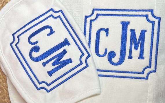 Unisex Square Monogram Burp Cloth, Embroidered Deco Square Monogrammed Bib, Embroidered Bib and Burp Set, Baby Shower Gift for Boy or Girl