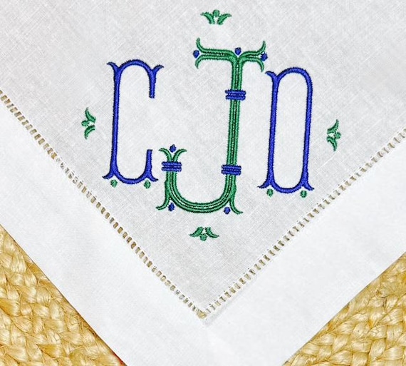 20x20 Custom Embroidered Monogrammed Linen Dinner Napkins with the ornate, heirloom-style lettering