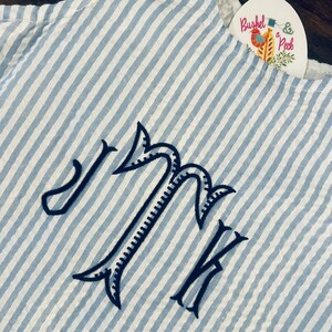 Unisex Blue Seersucker Bubble Romper, Baby and Toddler Blue Gingham Embroidered Bubble, Baby Monogrammed Sun Bubble, Personalized Romper