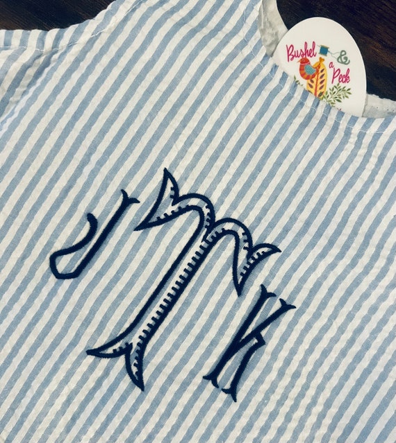 Unisex Blue Seersucker Bubble Romper, Baby and Toddler Blue Gingham Embroidered Bubble, Baby Monogrammed Sun Bubble, Personalized Romper