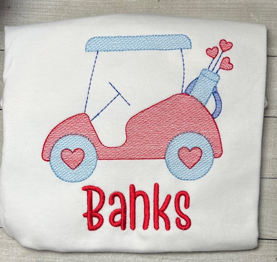 Embroidered Valentine’s Golf Cart Shirt, Long Sleeve, Short Sleeve, Sizes 6 Months to 12 Youth, Hearts and Clubs, Toddler Golfer Gift