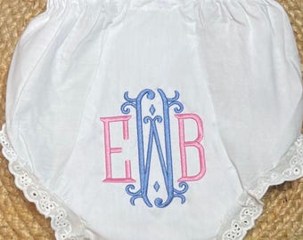 Embroidered Monogrammed Baby Bloomers, Burp Cloth Set, Cloth Bloomers, Diaper Cover Gift, Monogrammed Bib, Embroidered Initials Layette/Gown