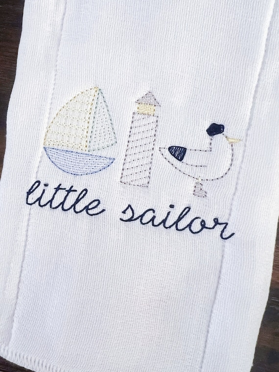 Embroidered Monogrammed Little Sailor Baby Bloomers, Burp Cloth Set, Cloth Bloomers, Gift, Boat Bib, Embroidered Lighthouse Beach Layette
