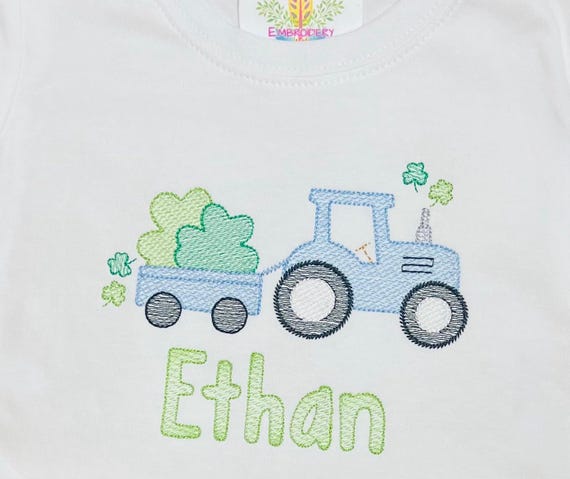 Unisex Embroidered Tractor St. Patrick’s Day Shirt, Tractor and Clover Shirt, Kids Clovers and Farming Shirt, Boy's Lucky Farm Shirt