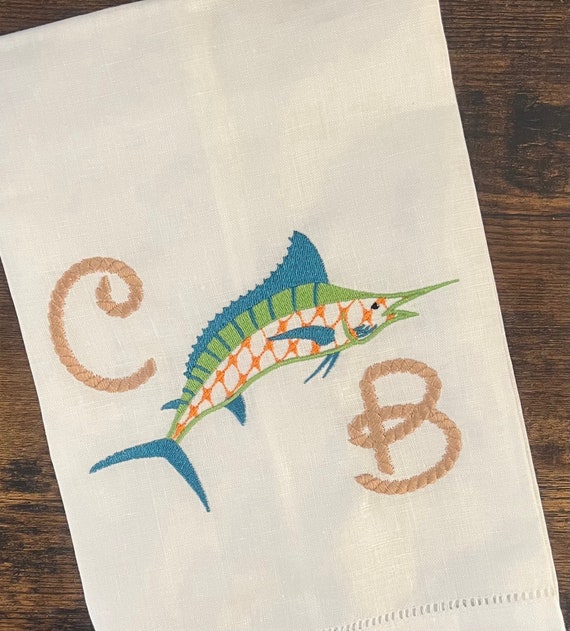 Embroidered Marlin Tea Towel, Fish Linen, Beach Guest Towel, Beach Wedding, Beach House Decor, Hostess Gift, Marlin Bath Towel, Summertime