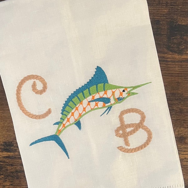 Embroidered Marlin Tea Towel, Fish Linen, Beach Guest Towel, Beach Wedding, Beach House Decor, Hostess Gift, Marlin Bath Towel, Summertime