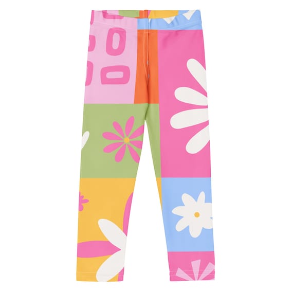 Flower Patchwork Kid's Leggings, Toddler Colorful Abstract Leggings