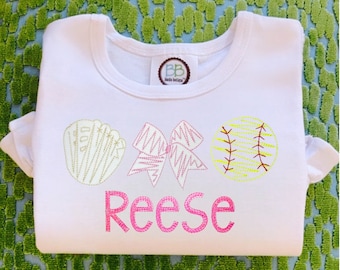 Camiseta de béisbol con lazo y guante para niñas, manga larga y corta, personalizada con jugador de béisbol bordado.