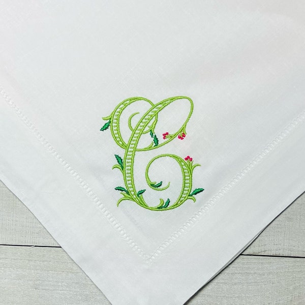 Embroidered Monogrammed Holly Berry Table Napkins, Classic Hemstitch Christmas Linen Napkins, Set of Dinner Party Napkins, Berry Table Decor