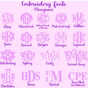 May include: A chart of different embroidery fonts for monograms. The fonts are displayed in a grid with the name of each font below the monogram. The fonts include Vine, Natural Circle, Natural Circle w/Border, Master Circle Script, Cotillion, Grace, Diamond, Harper, Baroque, Engraved, Interlocking, Sydney, Curlz, Carried Away, Charleston, Times, Stacked, and Times Block "First, Middle, Last".