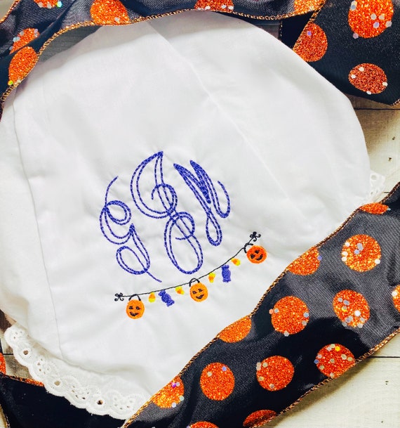 Spooky Pumpkin Baby Bloomers, Jack O' Lantern and Candy Corn Embroidered Gown, Halloween Gown, Pumpkin Burp Cloth, Halloween Gift