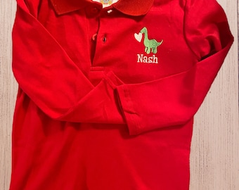 Valentines Day Dinosaur, Boys Long Sleeve Polo, Heart, Monogram, Embroidered Name, Gift