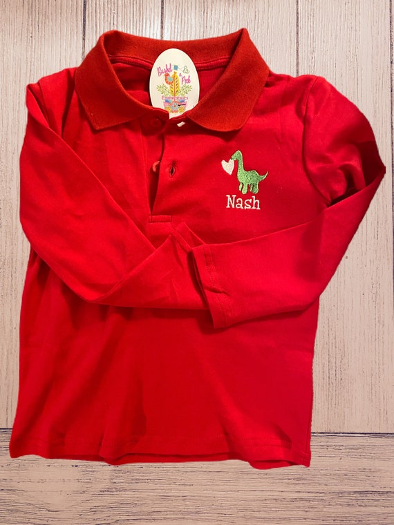Valentines Day Dinosaur, Boys Long Sleeve Polo, Heart, Monogram, Embroidered Name, Gift