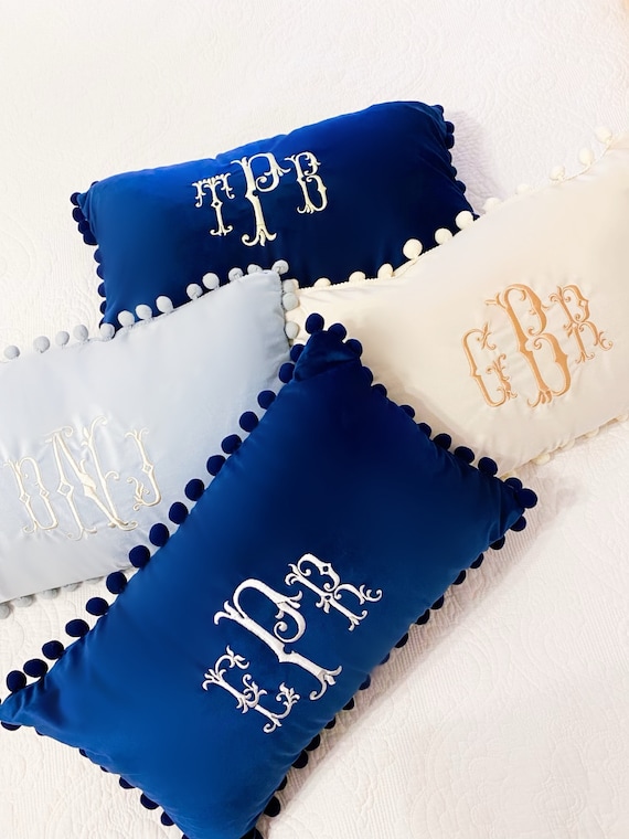 Embroidered Velvet Monogram Pillow. Insert Included. 12x20 Personalized Lumbar Throw Pillow. Monogram Wedding Gift, Initial Bedding