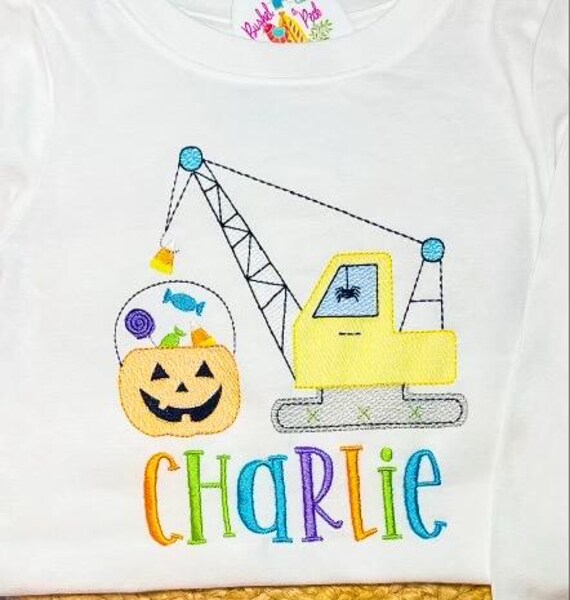 Unisex Embroidered Halloween Construction Shirt,  Toddler Trick or Treat Long Sleeve, Pumpkin Short Sleeve, Toddler Crane, Boys Construction