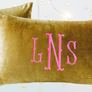 Gold Embroidered Velvet Monogram Pillow Cover . Insert Not Included. 12x20 Personalized Lumbar Throw Pillow. Monogram Wedding Gift, Bedding