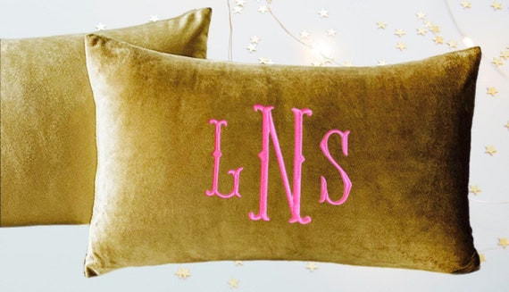 Gold Embroidered Velvet Monogram Pillow Cover . Insert Not Included. 12x20 Personalized Lumbar Throw Pillow. Monogram Wedding Gift, Bedding
