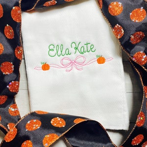 Embroidered Name, Fall Pumpkin with Bow, Burp Cloth, Diaper Cover, Bloomers, Layette, Gown, Gift