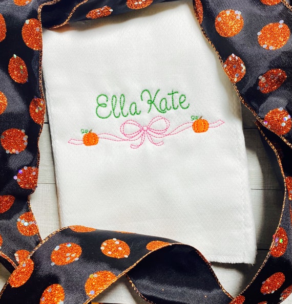 Embroidered Name, Fall Pumpkin with Bow, Burp Cloth, Diaper Cover, Bloomers, Layette, Gown, Gift