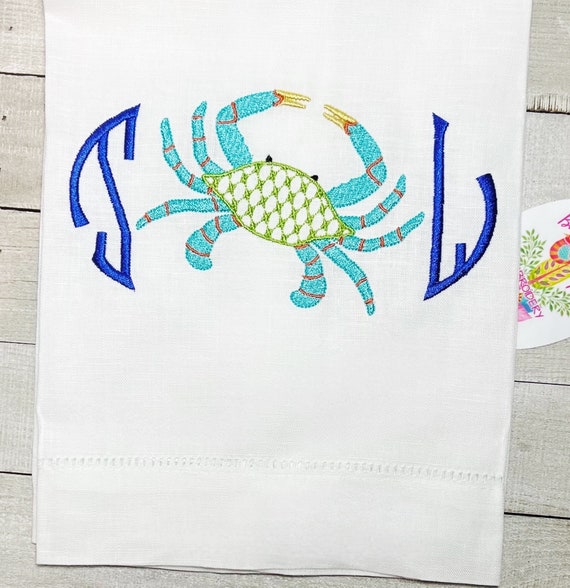 Personalized, Monogram, Embroidered, Crab Beach, Linen Guest Towel, Wedding, Hostess, Tea Towel, Gift