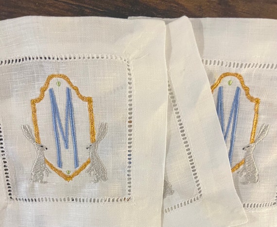 Embroidered Monogrammed Bunny Rabbit Cocktail Napkins, Spring Table Napkins, Classic Hemstitch Linen Napkins, Set of Cocktail Party Napkins