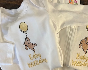 Classic Winnie the Pooh Gown/Footie, Boy Coming Home Outfit, Unisex Coming Home Outfit, Newborn Pooh Outfit, Baby Shower Gift, Pooh Theme