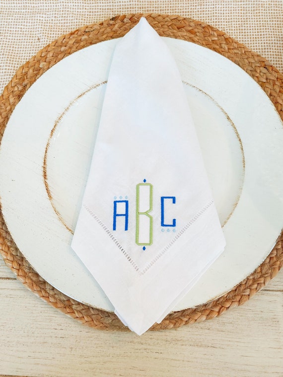 Personalized, Monogrammed, Embroidered Art Deco, Linen, Wedding, Party, Classic Hemstitch Dinner Napkins, 20 x 20, Sets of 4, 6, 12, Custom