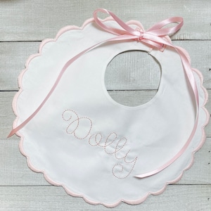 Personalizado, Monograma, Bordado, Bebé, Nacimiento, Bautizo, Reliquia, Blanco festoneado, Azul, Verde, Gris, Niño, Niña, Babero Rosa, Regalo