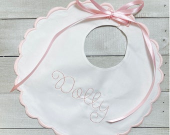 Personalized, Monogrammed, Embroidered, Baby, Birth, Christening, Heirloom, Scalloped White, Blue, Green, Gray, Boy, Girl, Pink Bib, Gift