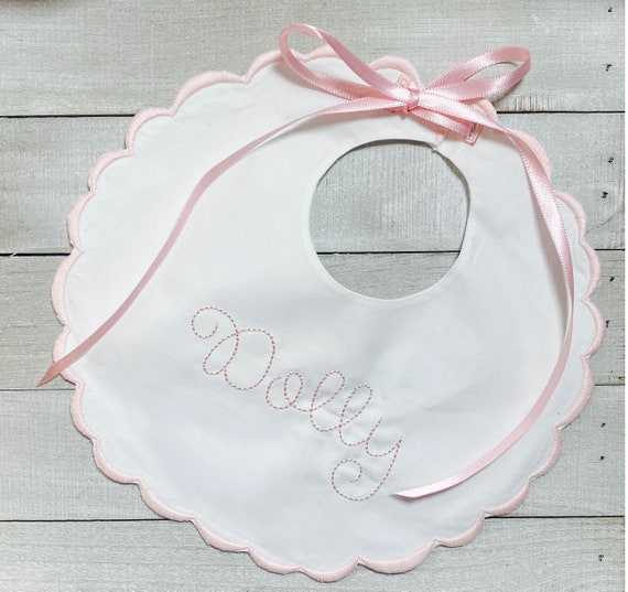 Personalized, Monogrammed, Embroidered, Baby, Birth, Christening, Heirloom, Scalloped White, Blue, Green, Gray, Boy, Girl, Pink Bib, Gift
