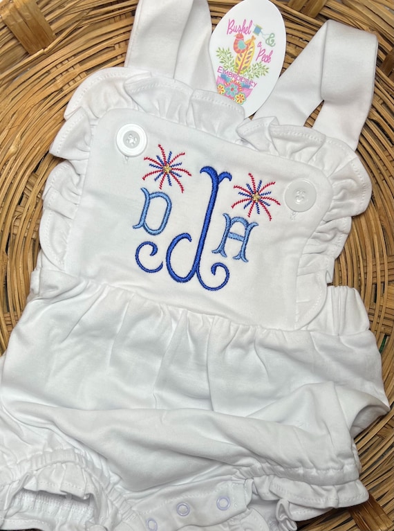 Embroidered Monogrammed Fireworks, Sunsuit Bubble, Personalized July 4th Monogram Kids Shirt