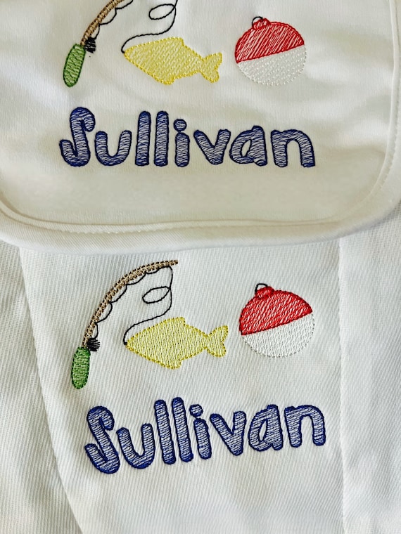 Embroidered Fishing Baby Gown, Unisex Fishing Burp Cloth, Embroidered Fishing Bib, Bib and Burp Set, Fishing Baby Shower Gift, Baby Fishing