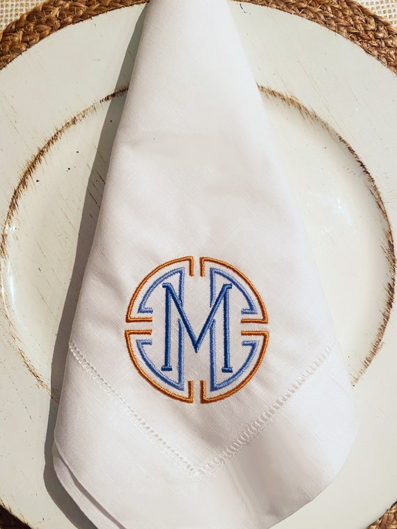Personalized, Monogrammed, Embroidered, Circle, Crest, Classic Hemstitch Dinner Napkins, The Minimalist, 20 x 20, Set of 4, 6, 12