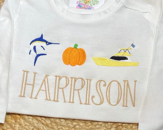 Fishing Marlin and Pumpkin Fall Shirt, Unisex Fall Marlin Embroidered Long Sleeve, Pumpkin Beach Short Sleeve, Fishing and Pumpkins Shirt