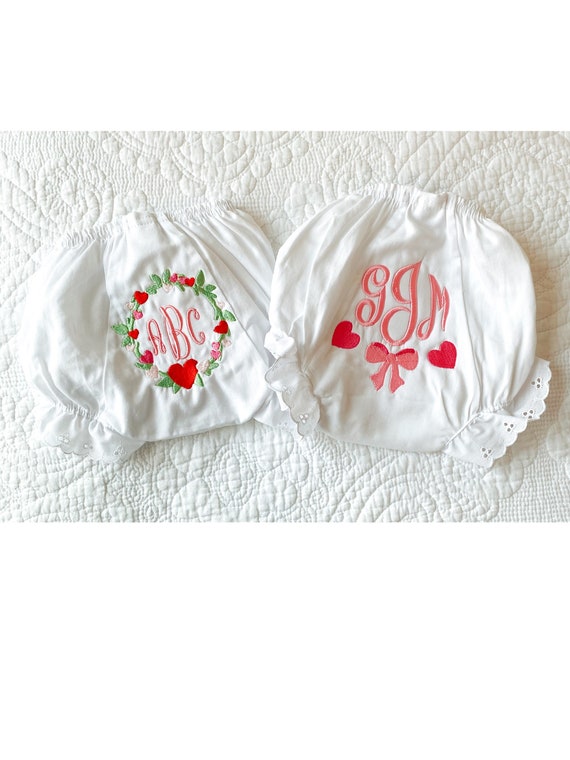 Valentines Day, Baby, Infant, Toddler, Sizes 1-6, Monogrammed, Personalized Heart Bloomers, Diaper Cover with Eyelet Trim