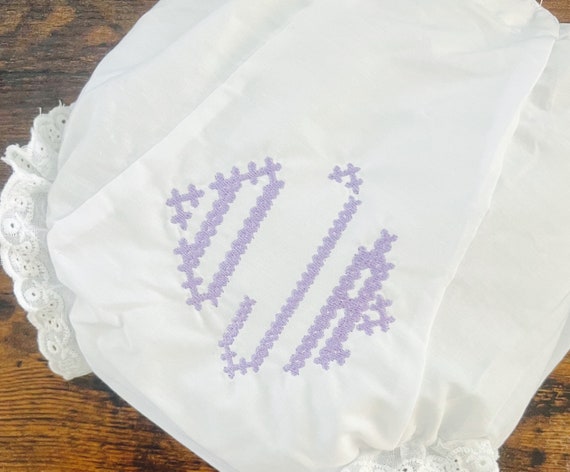 Embroidered Monogrammed Cross Stitch Bloomers, Burp Cloth, Diaper Cover Gift, Crossstitch Bib, Embroidered Cross Stitch Gown, Vintage Baby