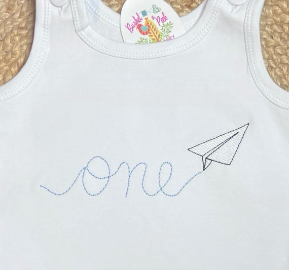 Embroidered One Paper Plane Unisex Bubble Sunsuit, Airplane First Birthday Bubble, Personalized 1st Bday Shirt, One Toddler Paper Airplane