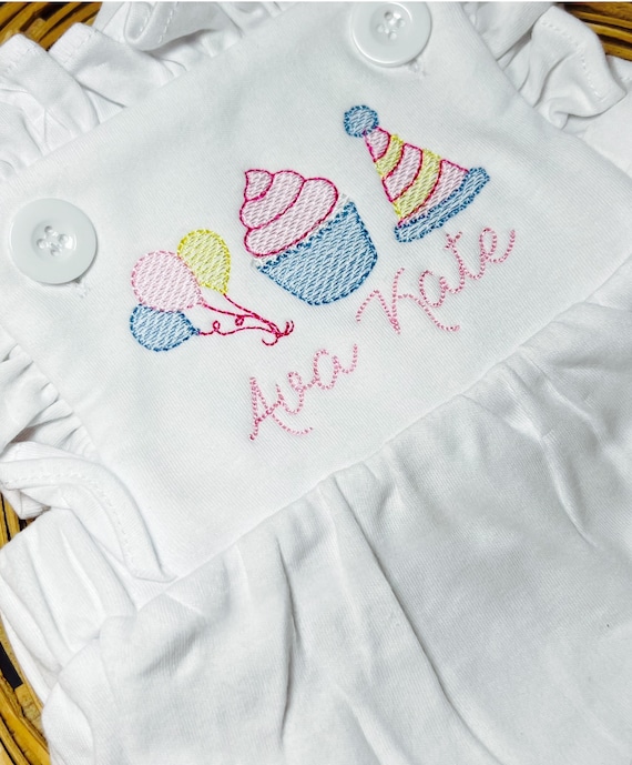 Embroidered Birthday Sunsuit, Birthday Cupcake and Balloons Bubble, Personalized Birthday Kids Shirt, Happy Birthday Outfit
